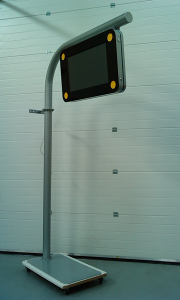 This floor standing kiosk, designed as a perfect digital signage unit, allows public to walk underneath without issue, while displaying all of your latest information. Shown here looking similar to a motorway road sign.